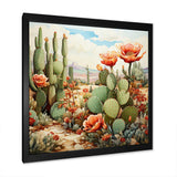 Coral Green Cactus Desert Blooms Pointillism III - Floral Canvas Wall Art