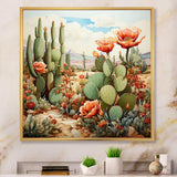 Coral Green Cactus Desert Blooms Pointillism III - Floral Canvas Wall Art