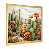 Coral Green Cactus Desert Blooms Pointillism III - Floral Canvas Wall Art