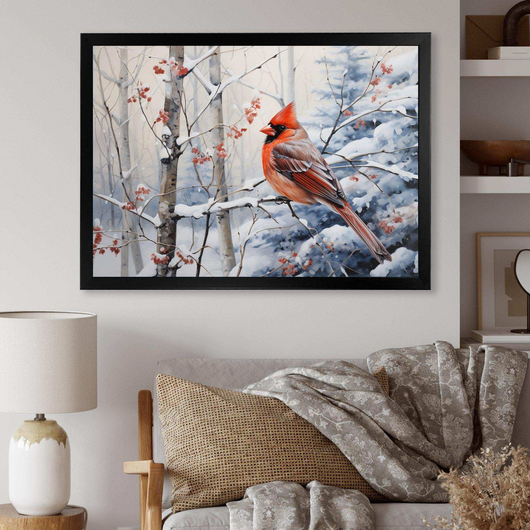 Canada Red Cardinal Bird Winter Wonderland I - Landscapes Canvas Wall Art
