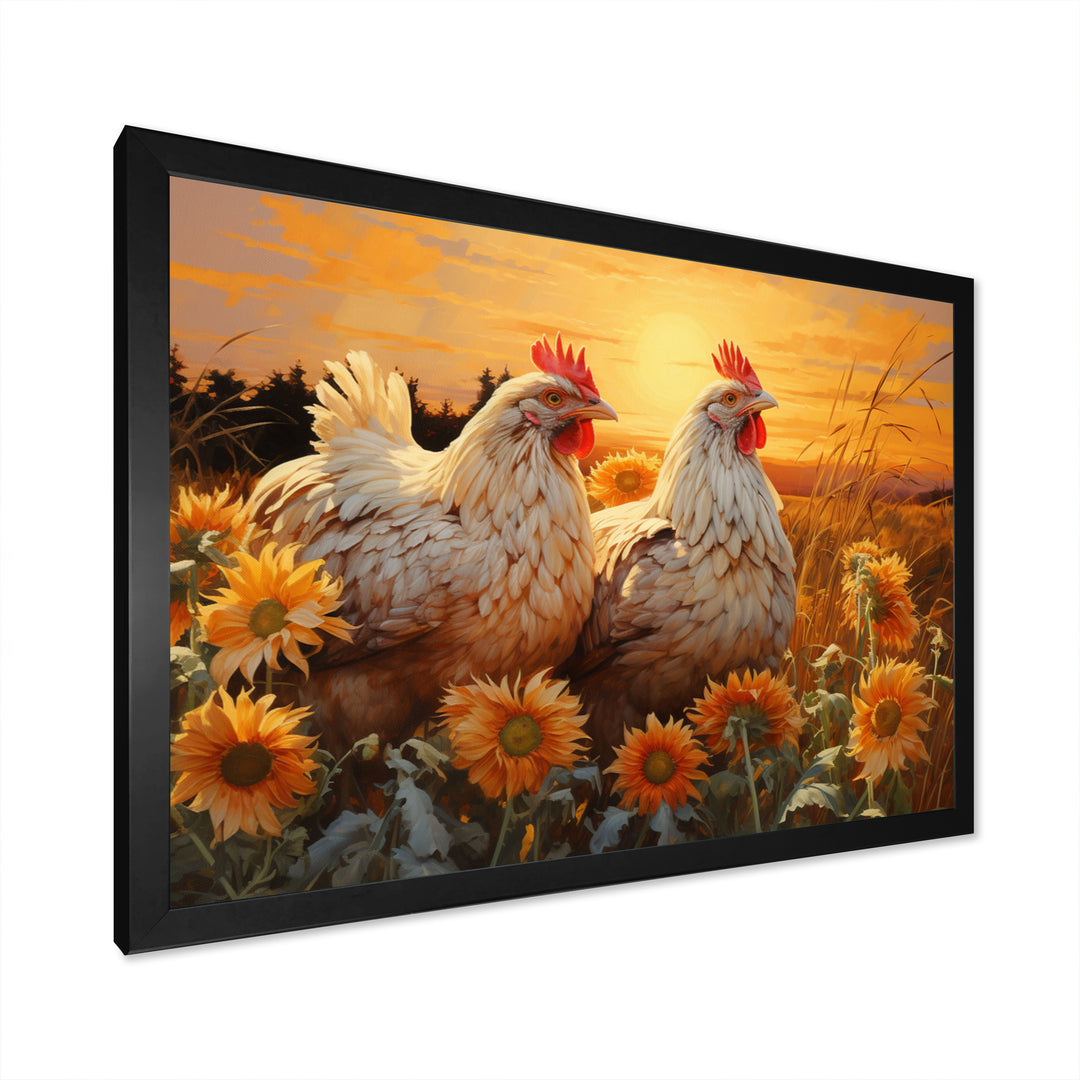 Loving Chicken At Sunset - Chicken Large Canvas Wall Art