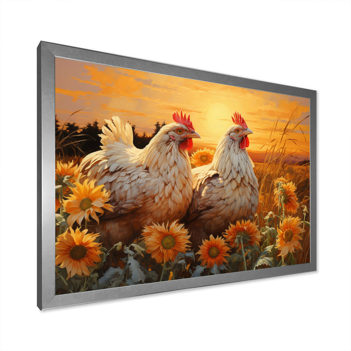 Loving Chicken At Sunset - Chicken Large Canvas Wall Art