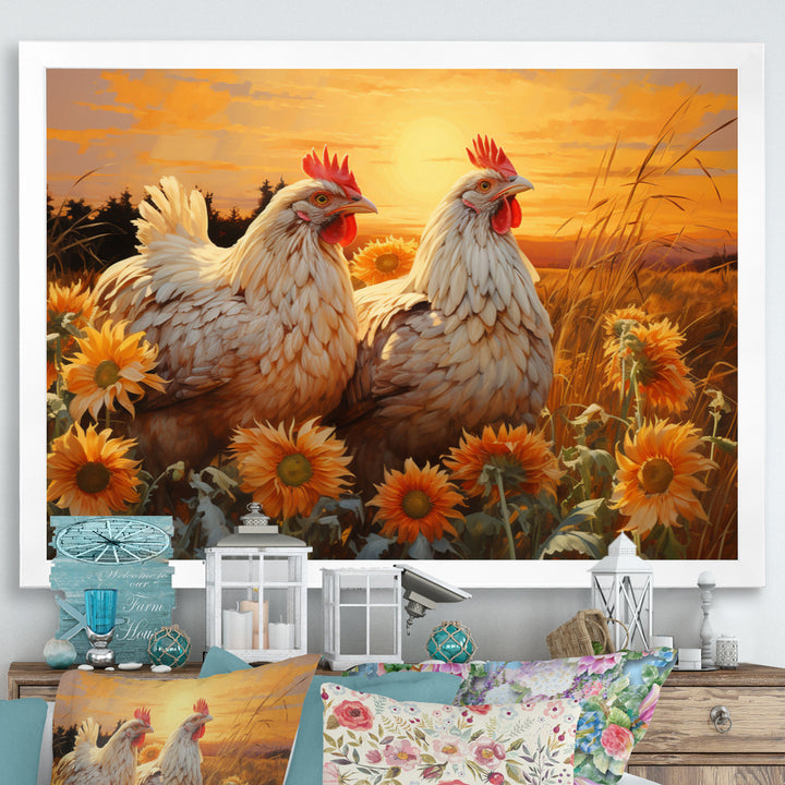Loving Chicken At Sunset - Chicken Large Canvas Wall Art