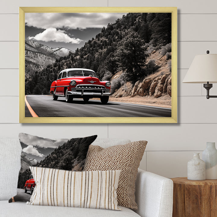 Red Classic Car Vintage Drive - Car Vintage Canvas Wall Art