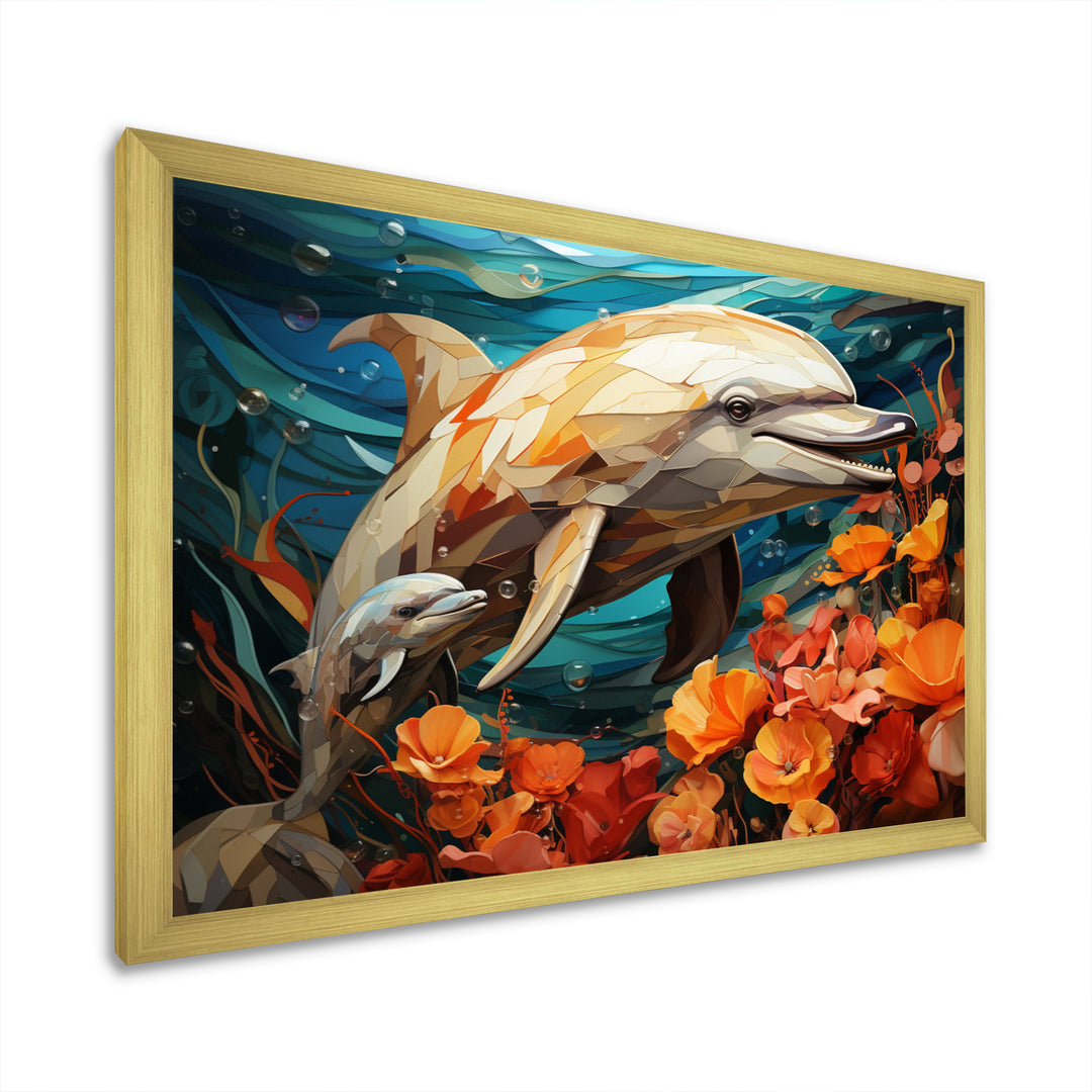 Dolphin Marine Symphony Geometric - Orange Dolphin Wall Art