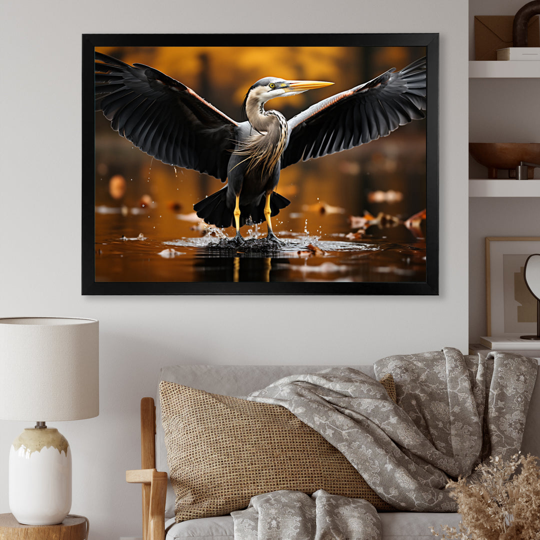 Yellow Black Heron Elegance Unveiled - Heron Canvas Wall Art