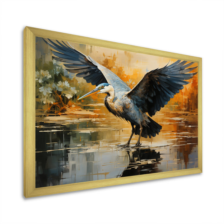 Black Yellow Heron Elegance Unveiled Pointillism - Heron Wall Decor