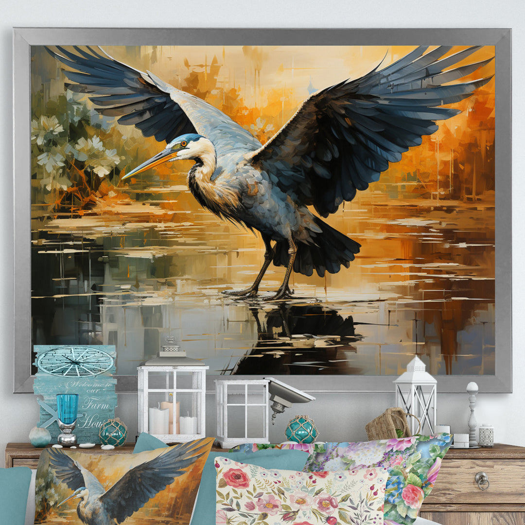 Black Yellow Heron Elegance Unveiled Pointillism - Heron Wall Decor