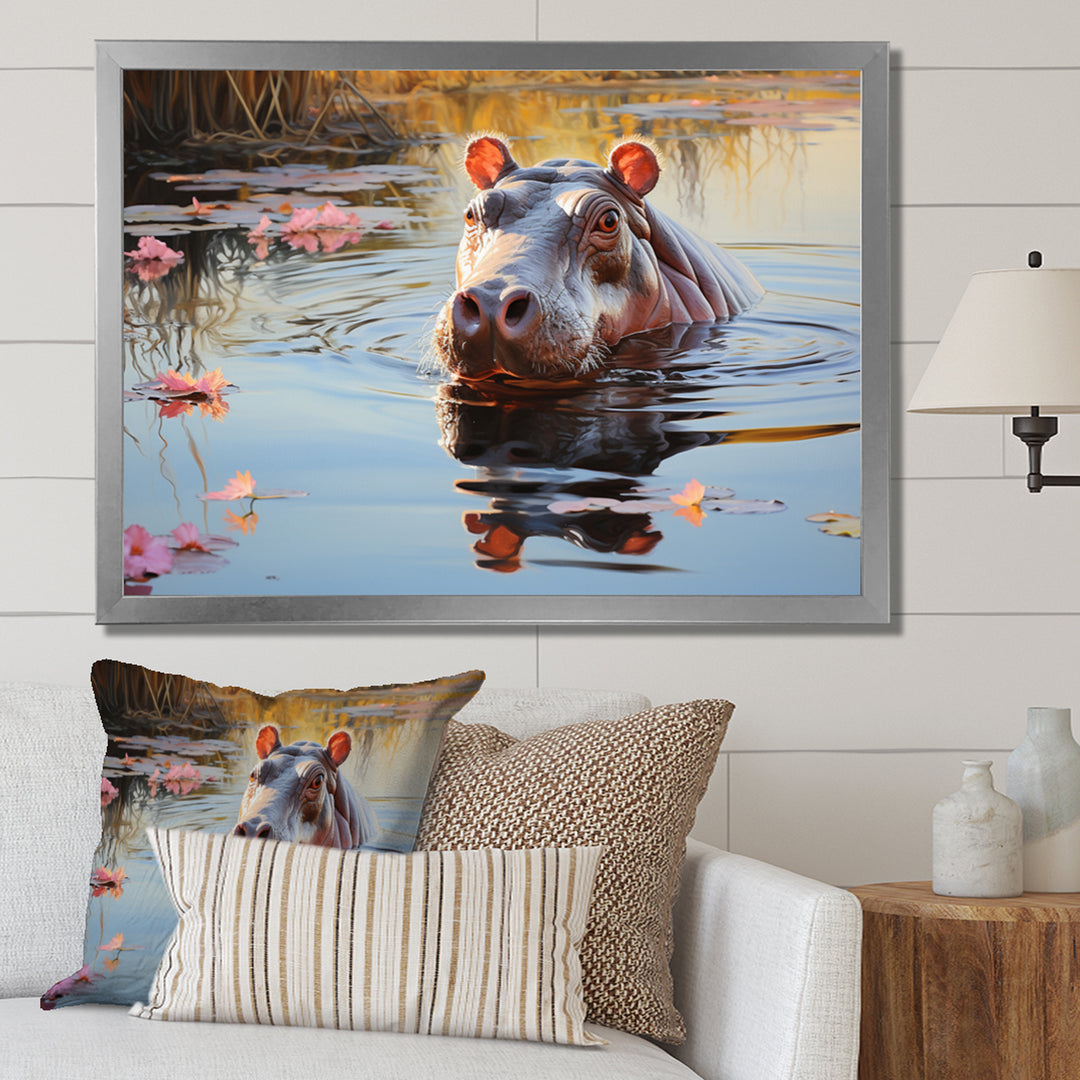 Hippopotamus Mighty Hippo Pastoral - Gray Hippopotamus Wall Art