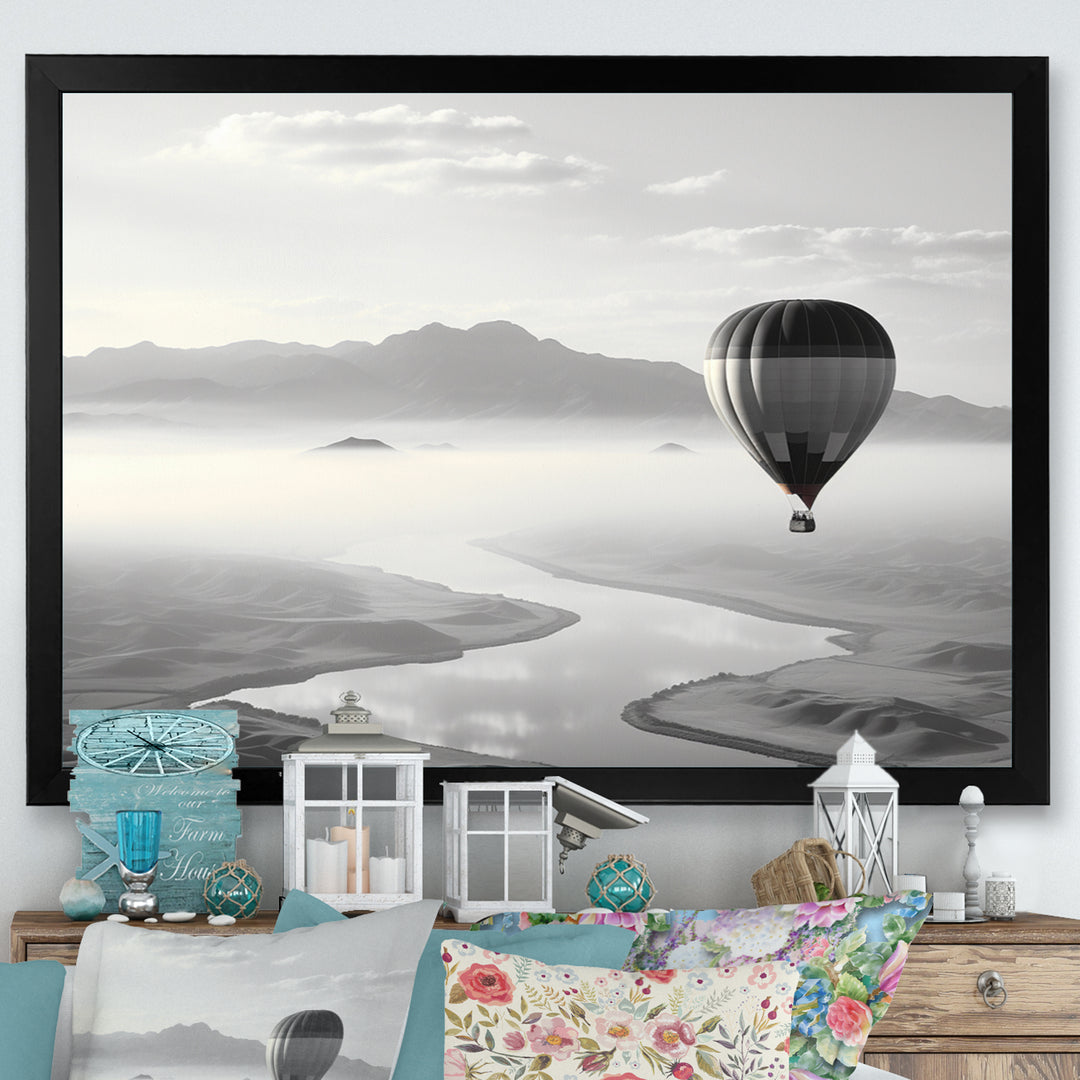 Grey Hot Air Balloon Monochrome - Hot Air Balloon Canvas Wall Art