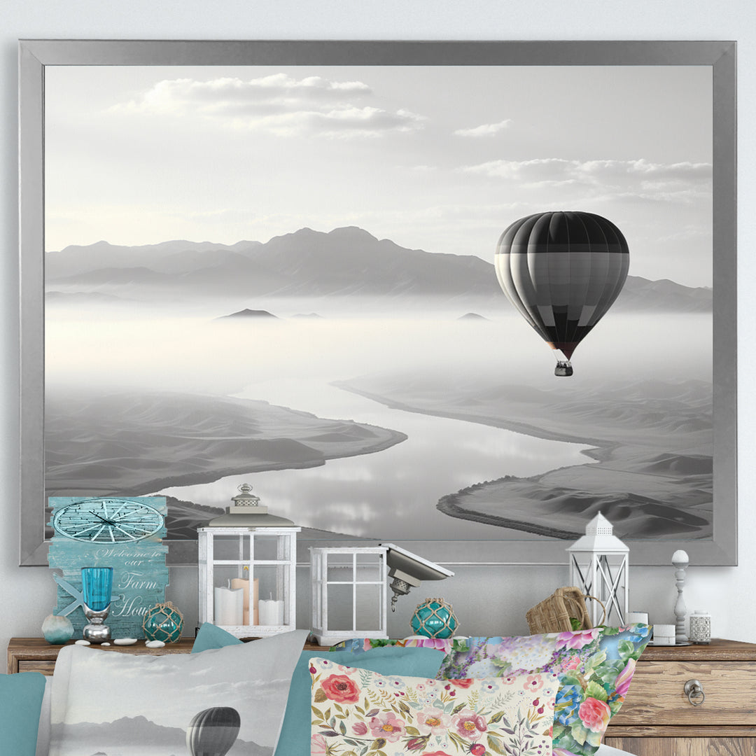 Grey Hot Air Balloon Monochrome - Hot Air Balloon Canvas Wall Art