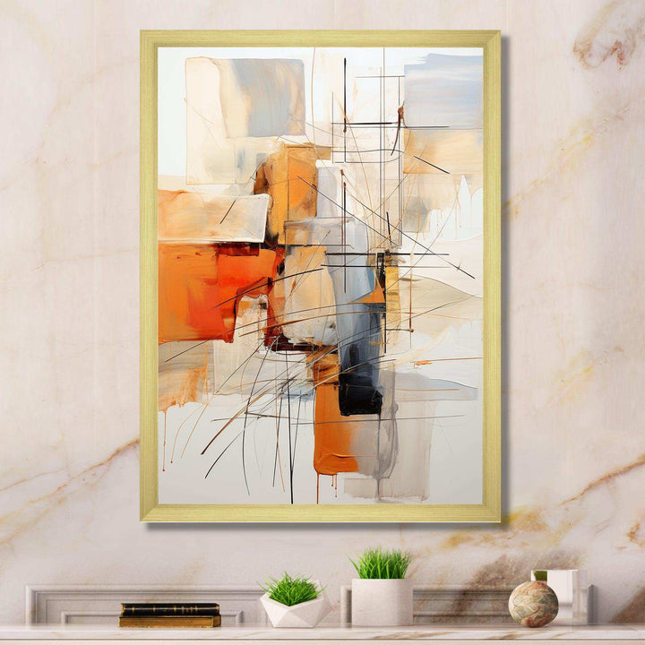Designart Orange Grey Line Art Abstract Expressionism - Abstract Canvas Wall Art