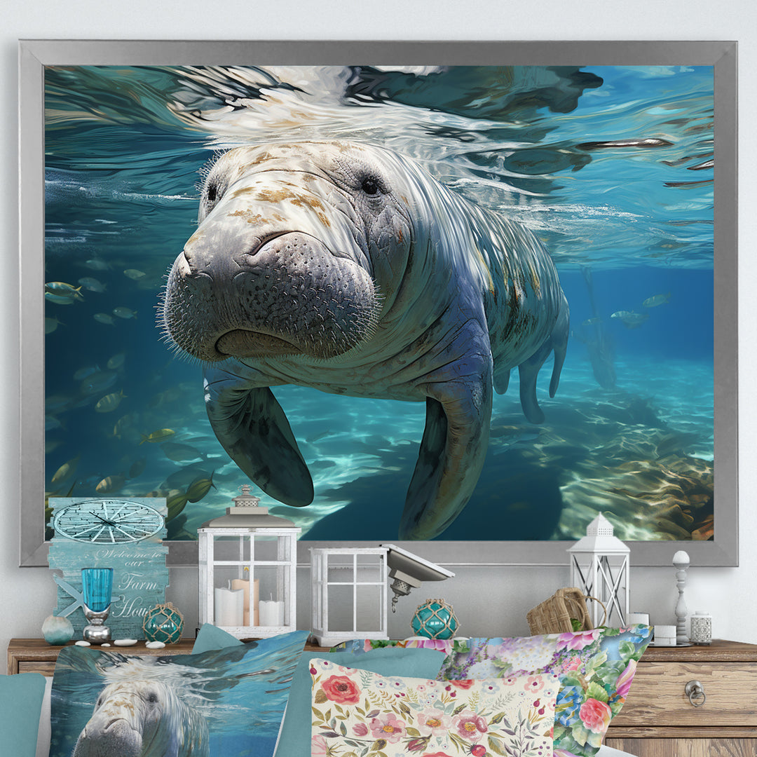Turquoise Grey Manatee Majesty - Manatee Bedroom Wall Art