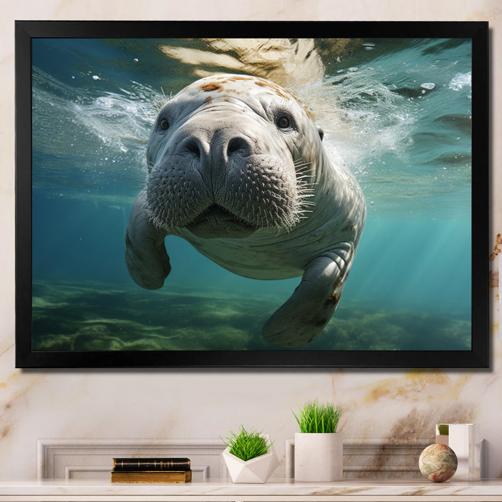 Turquoise Grey Manatee Portrait - Manatee Canvas Wall Art