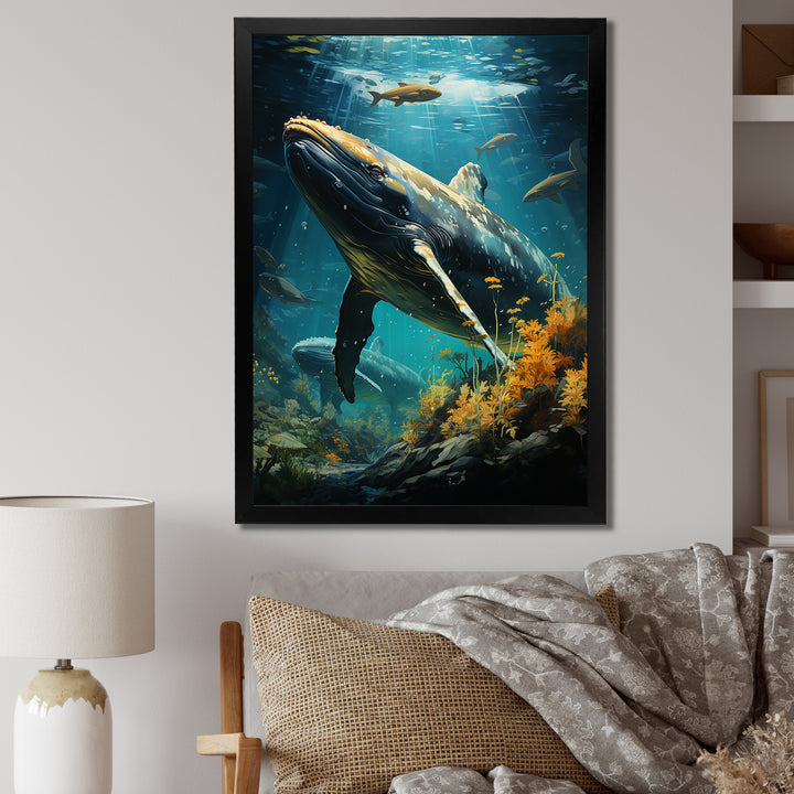 Teal Yellow Marine Animals Graceful Giants - Teal Marine Animals Wall Art
