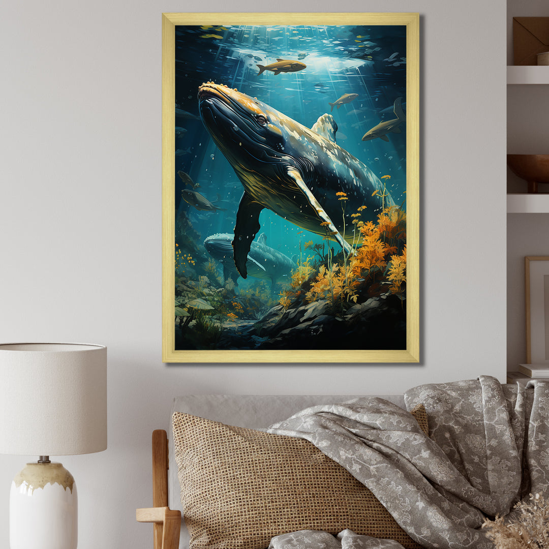 Teal Yellow Marine Animals Graceful Giants - Teal Marine Animals Wall Art