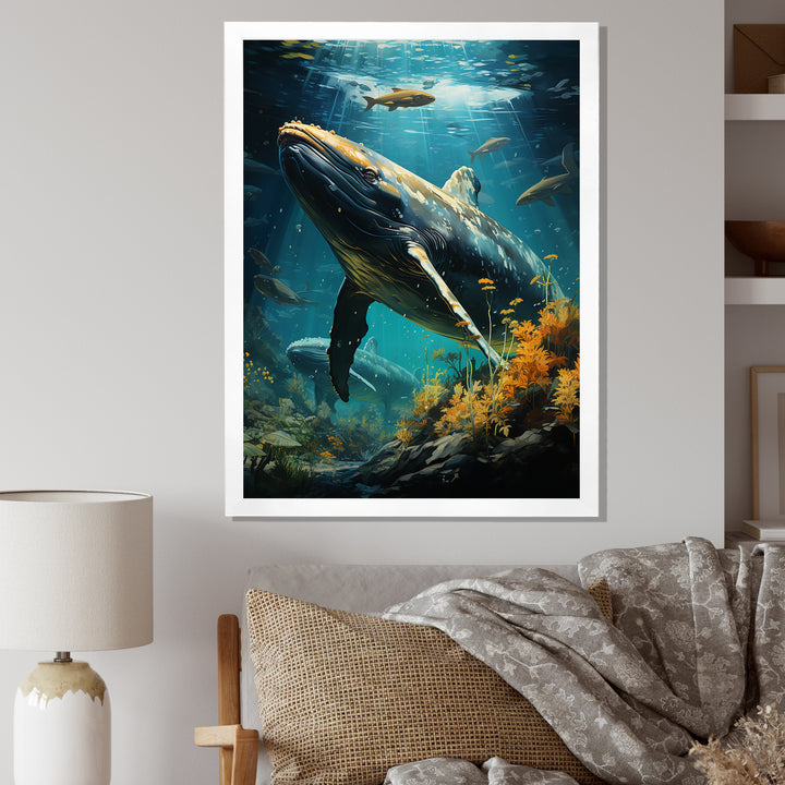 Teal Yellow Marine Animals Graceful Giants - Teal Marine Animals Wall Art
