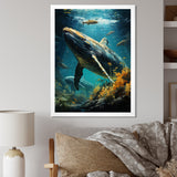 Teal Yellow Marine Animals Graceful Giants - Teal Marine Animals Wall Art