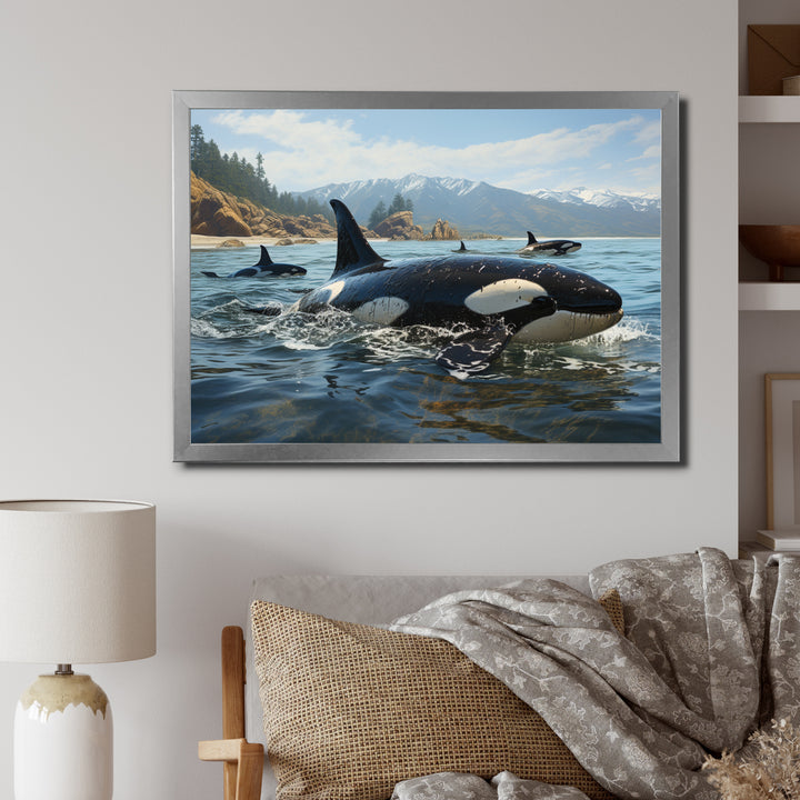 Black White Marine Animals Majestic Orcas - Marine Animals Living Room Wall Art