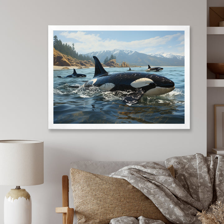 Black White Marine Animals Majestic Orcas - Marine Animals Living Room Wall Art
