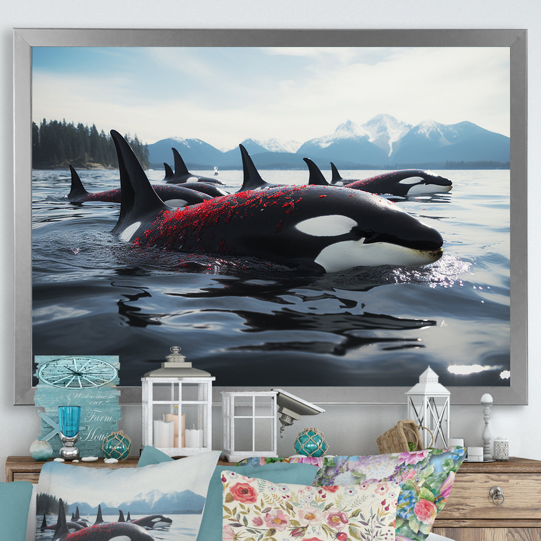 Black Red Marine Animals Majestic Orcas - Marine Animals Canvas Wall Art