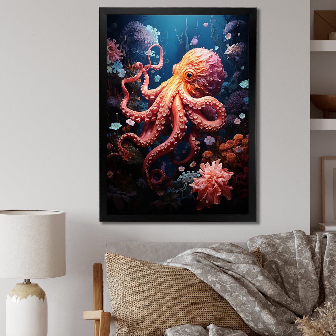 Coral Teal Octopus Dance - Marine Animals Framed Canvas Art