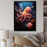 Coral Teal Octopus Dance - Marine Animals Framed Canvas Art