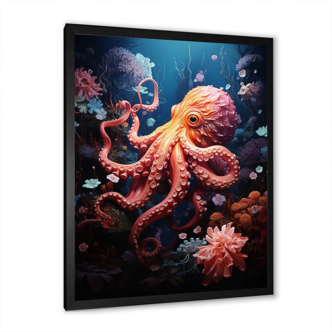 Coral Teal Octopus Dance - Marine Animals Framed Canvas Art