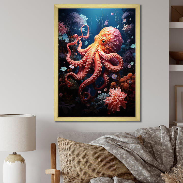 Coral Teal Octopus Dance - Marine Animals Framed Canvas Art