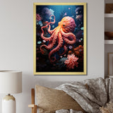 Coral Teal Octopus Dance - Marine Animals Framed Canvas Art