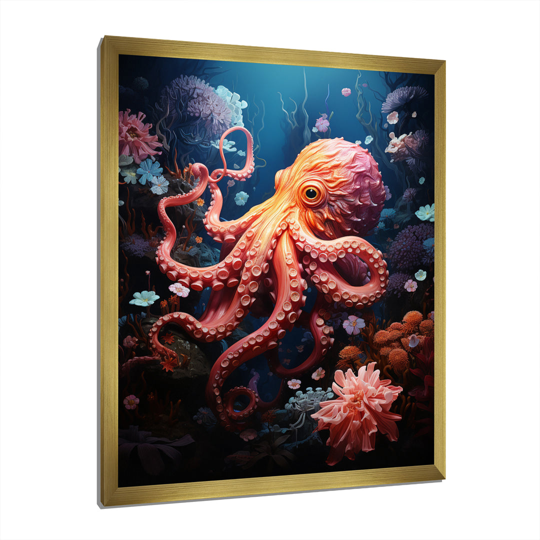 Coral Teal Octopus Dance - Marine Animals Framed Canvas Art