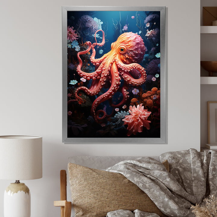 Coral Teal Octopus Dance - Marine Animals Framed Canvas Art