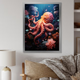Coral Teal Octopus Dance - Marine Animals Framed Canvas Art