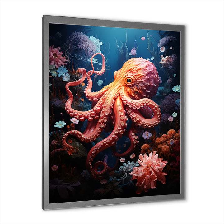 Coral Teal Octopus Dance - Marine Animals Framed Canvas Art