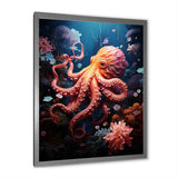 Coral Teal Octopus Dance - Marine Animals Framed Canvas Art