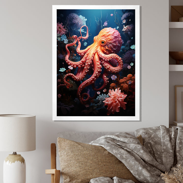 Coral Teal Octopus Dance - Marine Animals Framed Canvas Art