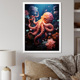 Coral Teal Octopus Dance - Marine Animals Framed Canvas Art