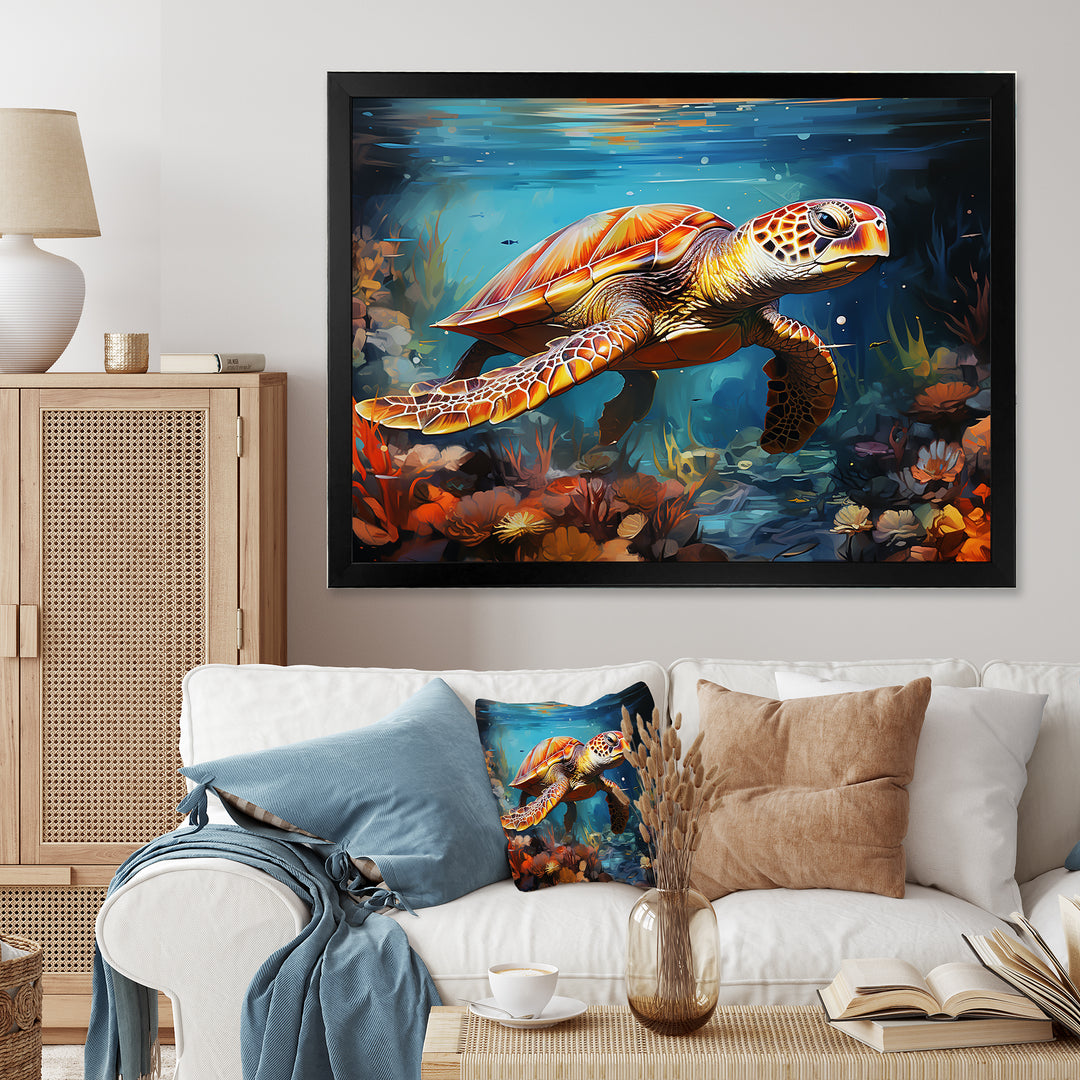 Green Blue Turtle Underwater Symphony - Marine Animals Canvas Wall Art