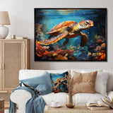 Green Blue Turtle Underwater Symphony - Marine Animals Canvas Wall Art