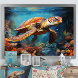Green Blue Turtle Underwater Symphony - Marine Animals Canvas Wall Art