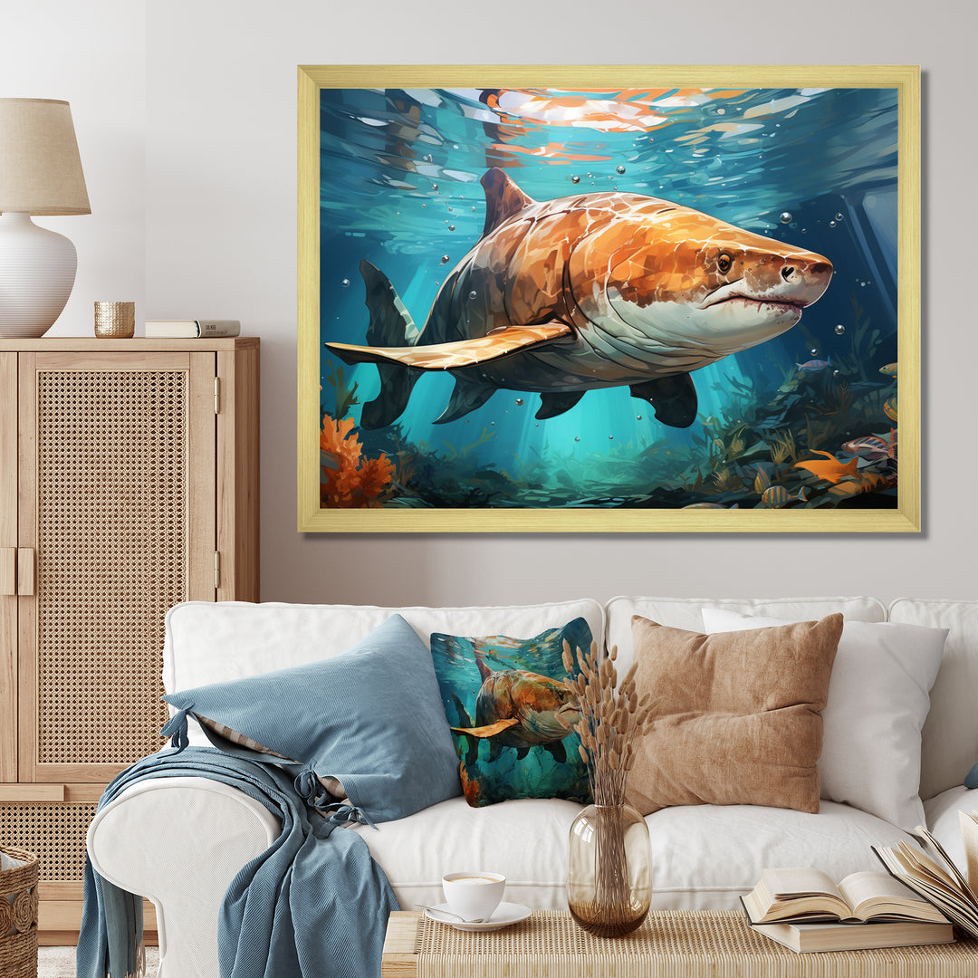 Grey Teal Shark Underwater Symphony - Marine Animals Wall Decor