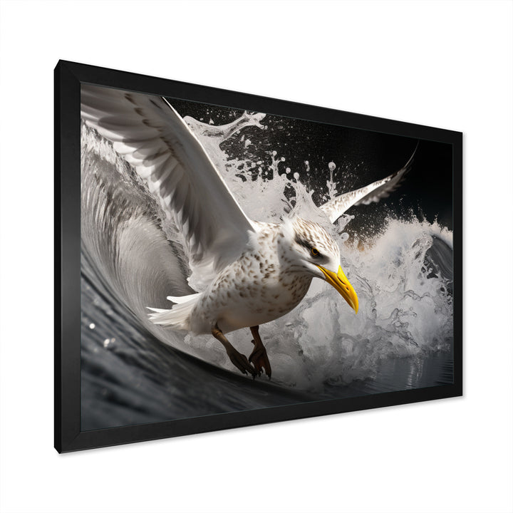 Grey Yellow Seagull Surfing On Waves - Marine Animals Wall Decor