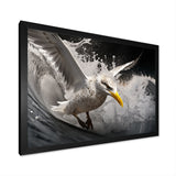 Grey Yellow Seagull Surfing On Waves - Marine Animals Wall Decor
