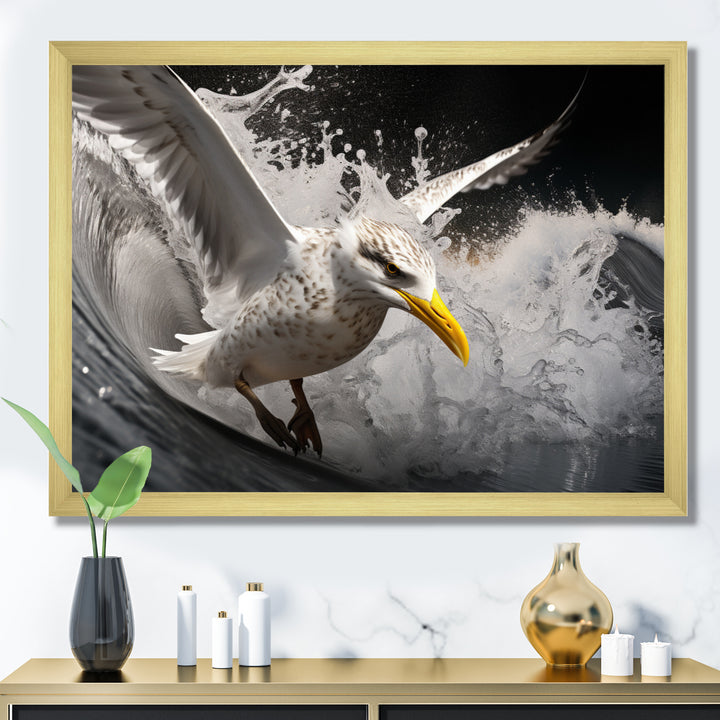 Grey Yellow Seagull Surfing On Waves - Marine Animals Wall Decor