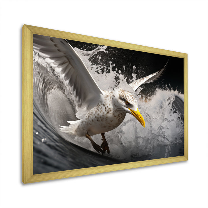 Grey Yellow Seagull Surfing On Waves - Marine Animals Wall Decor