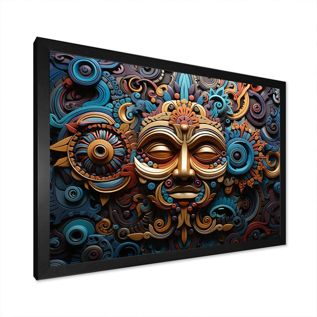 Teal Gold Mexico Vibrant Aztec Mask I - Landscapes Canvas Wall Art