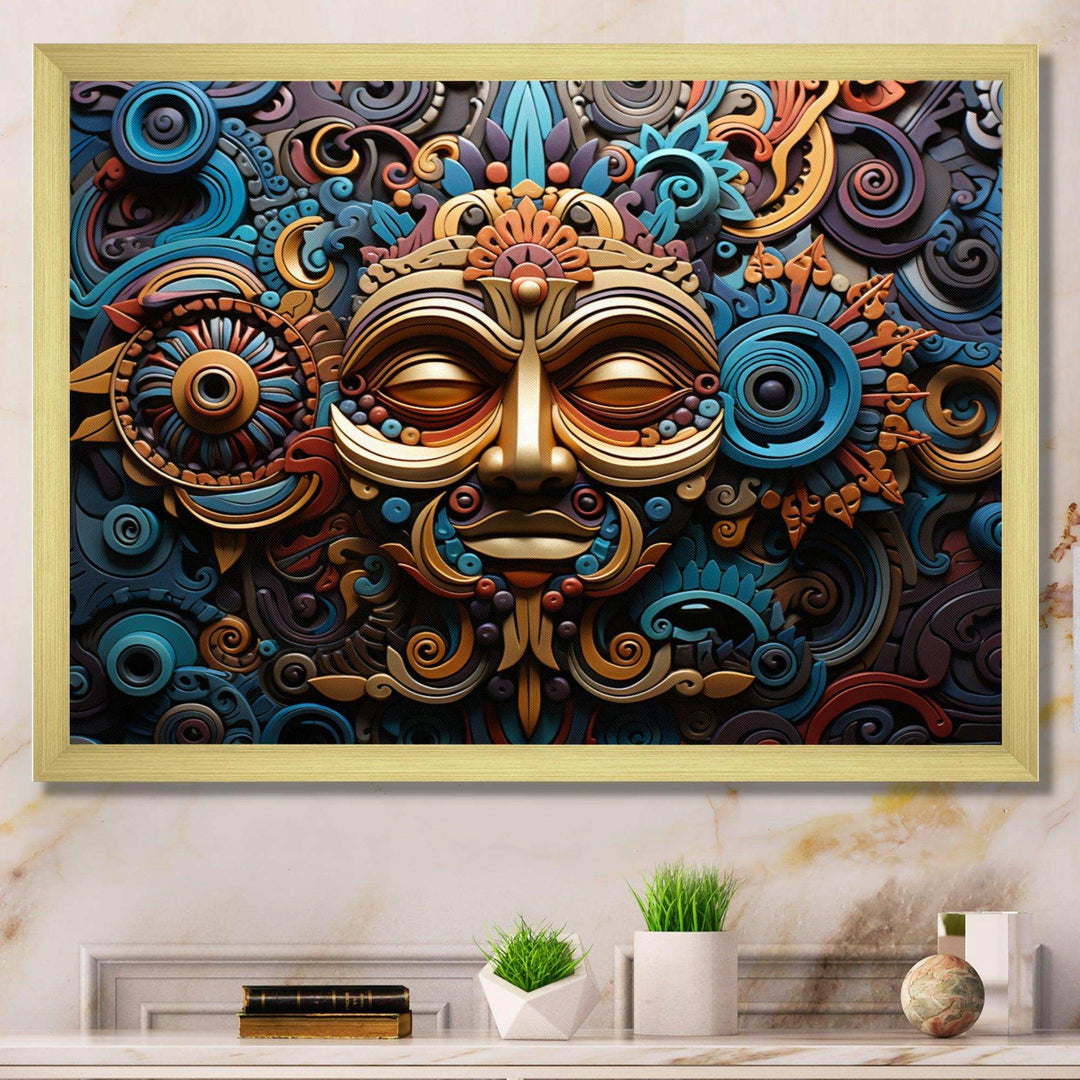 Teal Gold Mexico Vibrant Aztec Mask I - Landscapes Canvas Wall Art