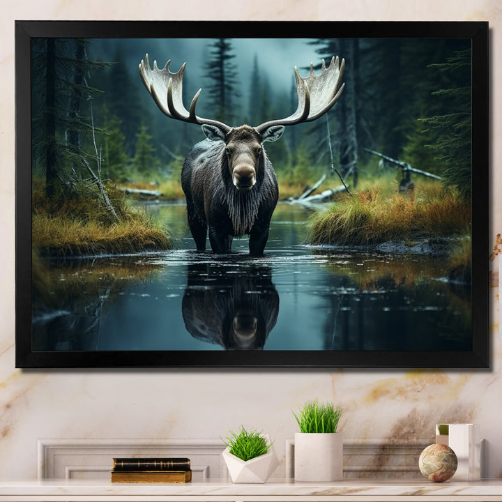 Green Moose Forest Dusk - Moose Framed Canvas Art