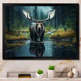 Green Moose Forest Dusk - Moose Framed Canvas Art