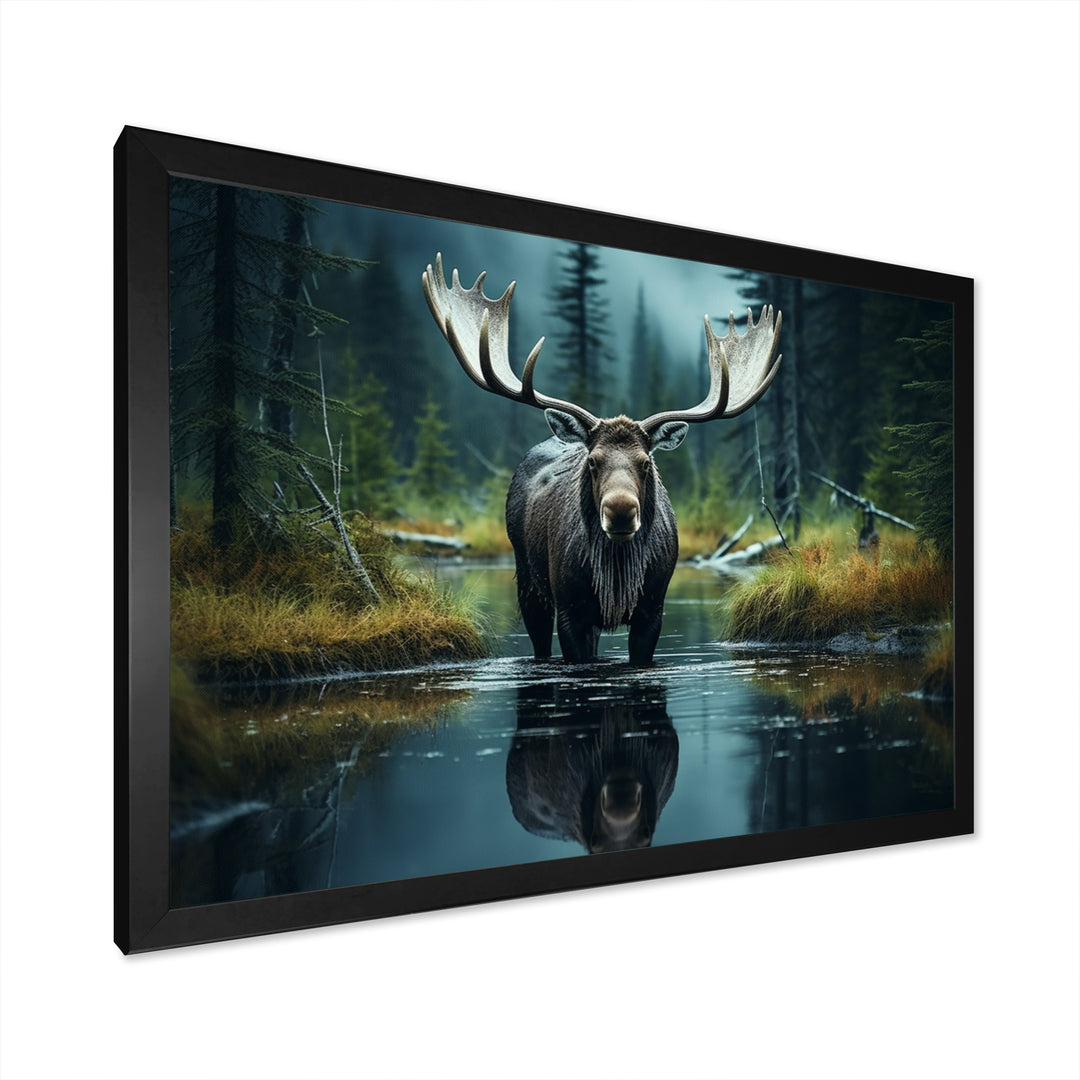 Green Moose Forest Dusk - Moose Framed Canvas Art